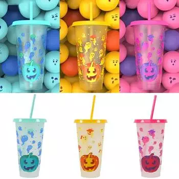 710 мл/24 унции стакан, меняющий цвет, с крышкой и трубочкой, мультяшная бутылка для воды, пластиковая чашка-тыква ужасов, посуда для напитков на Хэллоуин красный