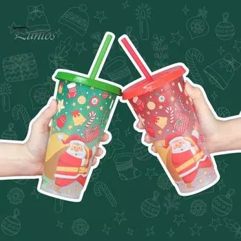 710 мл Рождественские стаканчики с изменяющимися цветами и крышками-соломинками Многоразовые пищевые стаканчики с дизайном Санта-Клауса для взрослых и детей Предотвращают соскальзывание трубочки Герметичные красный