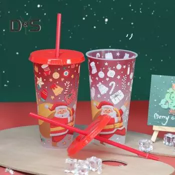 710 мл Рождественские стаканчики с изменяющимися цветами и крышками-соломинками Многоразовые пищевые стаканчики с дизайном Санта-Клауса для взрослых и детей Предотвращают соскальзывание трубочки Герметичные красный