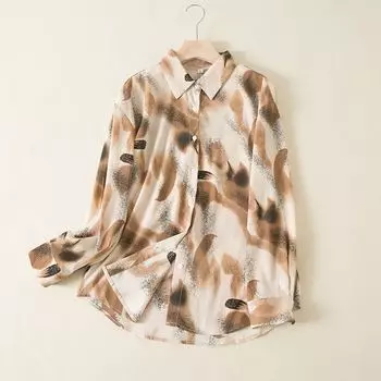 710 Spring and Summer Lapel Long Sleeves Ink Painting Print Shirt Chiffon Fabric Light Plaid Picture Color XS