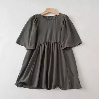 716 French Style Retro High Waist round Neck Short Sleeve A- line Pullover Elegance Shirt Gray One size
