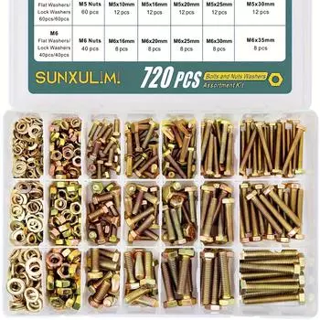 720PCS M4 M5 M6 Bolts and Nuts Assortment Kit Grade 8.8 Alloy Steel Hex Screws Nuts & Washers, Includes 15 Regular Sizes