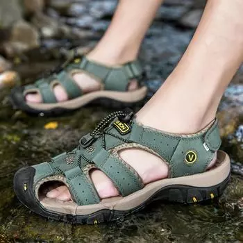 723948 Сандалии большого размера, мужская обувь, летняя дышащая пляжная обувь, сандалии, сшитые вручную кожаные сандалии 38 синий