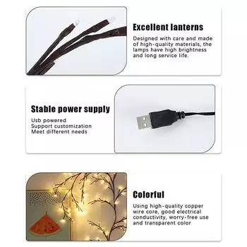 72/96/144 светодиодные USB-лампы в виде веток лозы ивы, теплый белый свет для настенной комнаты, кофейни, садовой вечеринки, декора, подарка на год 2025 USB 72LED/1.6m