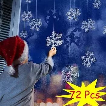 72 шт. рождественские подвесные украшения из снежинок, зимние белые блестящие снежинки, украшения для окна, рождественской елки, потолка One Size белый