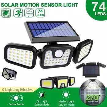 74LED/103COB/100LED Солнечный свет Открытый солнечный светильник PIR Датчик движения Настенный светильник Водонепроницаемый солнечный свет на солнечной энергии для украшения сада 100LED*1PCS чёрный