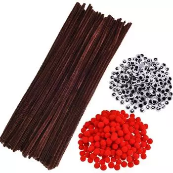 750 450 Набор для чистки трубок из 300 предметов, в том числе коричневый очиститель для трубок, стебли синели, красные помпоны и качающиеся глазки для создания рождественских украшений 300Pcs