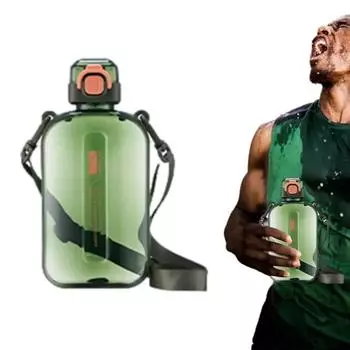 750ml Flat Square Sports Water Bottle Transparent Travel Cup Kettle Portable Drinking Bottle With Adjustable Strap For Outdoor зелёный