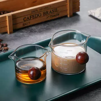 75/150 мл стеклянная чашка с двойным носиком и деревянной ручкой-шариком, термостойкие мерные стаканы, стаканы, кружка для кофе на унцию, дозатор соуса 75-150ml