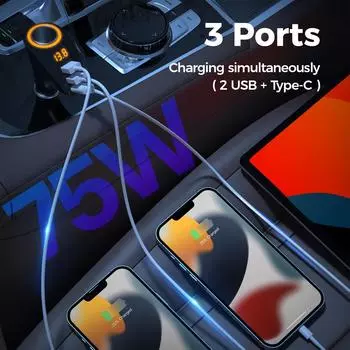 75 Вт 3 порта USB автомобильное зарядное устройство прикуриватель адаптер PD QC3.0 сверхбыстрая зарядка с цифровым дисплеем для iPhone Huawei Xiaomi