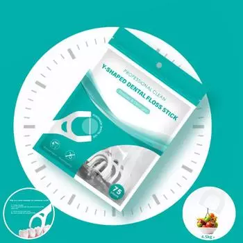 75 зубчиков для тщательной очистки Легкодоступные зубчики для зубной нити Легко добраться как до задних, так и до передних зубов Дополнительный зубчик с прикрепленным хвостиком