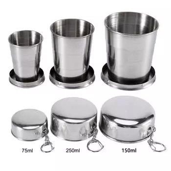75ml/150ml/250ml Collapsible Cup Stainless Steel Camping Mug with Keychain Camping Cup for Outdoor Travel Camping Hiking Cycling