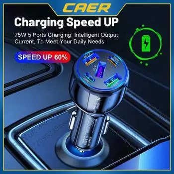 75W USB Car Charger 5 Port QC3.0 PD Type C Fast Charging Cigarette Lighter Universal Adapter for IPhone Xiaomi Samsung