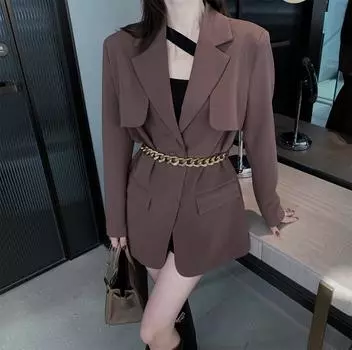 7616 свободный цепной пояс блейзер женский прикрывающий зад осенний французский знаменитый повседневный силуэт костюм топ S чёрный