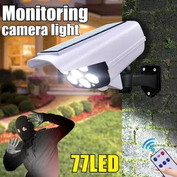 77LED Солнечный свет Датчик движения Камера безопасности Муляж Беспроводной уличный прожектор IP65 Водонепроницаемый 77 светодиодный светильник 3 режима для домашнего сада 77LED