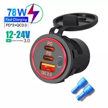 78 Вт Двойной PD QC3.0 Адаптер автомобильного зарядного устройства с переключателем Водонепроницаемая розетка Quick Charge 3.0 Розетка питания для мотоцикла, грузовика, лодки 12 В/24 В