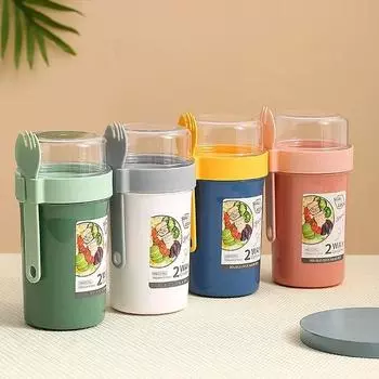 790 мл/990 мл салат овсянка чашка завтрак двойная чашка хлопья орех йогурт контейнер набор с держателем для заправки вилка приготовление еды