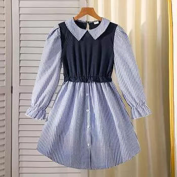 7-12 лет Девочки Осень и зима Новое модное полосатое платье с длинными рукавами Платье-рубашка с плетением Детская одежда 130cm/8Y синий