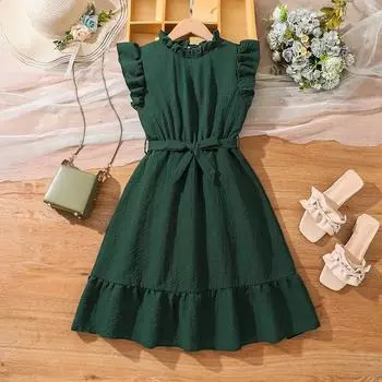 7-12 лет Девочки Платье Летние Новые Платья Модные Рукава-Летки Завязки Текстура Тонкий Темперамент Платье Принцесса Платья 130cm/8Y зелёный