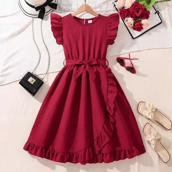 7-12 лет Девочки Платье Летние Новые Платья Модные Рукава-Летки Завязки Текстура Тонкий Темперамент Платье Принцесса Платья 130cm/8Y зелёный