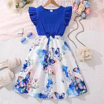 7-12 лет Девочки Платье Летние Новые Платья Модные Рукава-Летки Завязки Текстура Тонкий Темперамент Платье Принцесса Платья 130cm/8Y зелёный