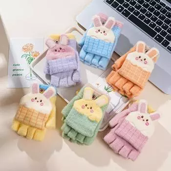 7-15 лет, детские перчатки для мальчиков и девочек, домашние перчатки с милыми заячьими ушками, накидка на половину пальца, зимние теплые перчатки, вязаные варежки для защиты от холода синий