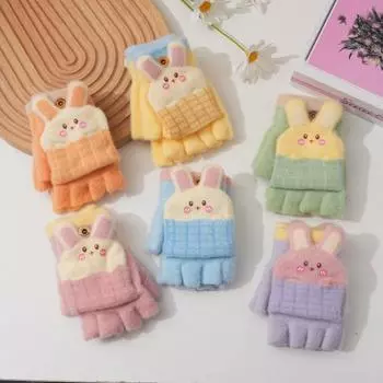 7-15 лет, детские перчатки для мальчиков и девочек, домашние перчатки с милыми заячьими ушками, накидка на половину пальца, зимние теплые перчатки, вязаные варежки для защиты от холода синий