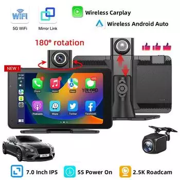 7 2K DVR вращающийся объектив беспроводной CarPlay и Android с передней задней камерой автомобильный видеорегистратор ночное видение зеркало заднего вида BT FM 0GB