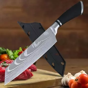 7,5-дюймовый японский нож шеф-повара Сантоку из нержавеющей стали, имитирующий дамасский узор, кухонный нож With Cover