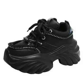 7.5CM Fashion Women s Chunky Sneakers Black Platform Tennis Shoes for Women New Thick Bottom Breathable Leather Sports Dad Shoes 35 чёрный