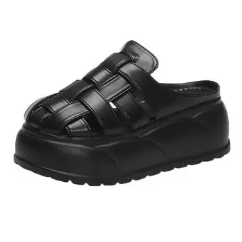 7.5cm Weave Microfiber Synthetic Leather Sandal Slippers Pumps Platform Wedge Non-slip Flats Summer Peep Toe Women Shoes 2025 35
