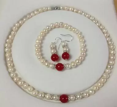 7-8 мм, белый культивированный жемчуг/красный нефрит, браслеты, ожерелье и серьги, комплект