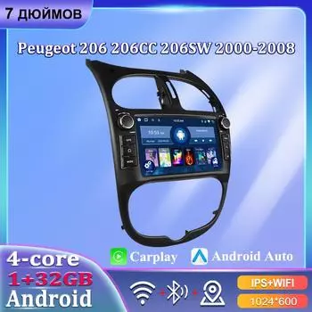 7 автомобильный радиоприемник Android Carplay для PEUGEOT 206 206CC 206SW 2000-2008 автомобильный мультимедийный плеер Autoradio 1+32 ГБ A чёрный