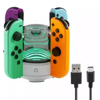 7-цветная светодиодная зарядная станция, совместимая с Nintendo Switch/Switch OLED Joy-Con, портативное зарядное устройство для контроллера Switch со светодиодной подсветкой и зарядным кабелем чёрный