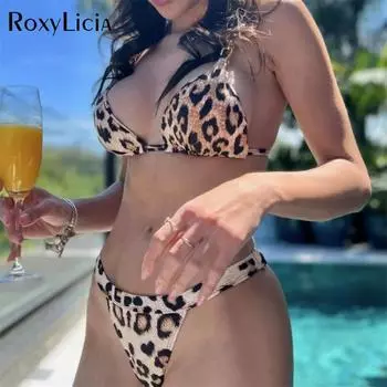 7 цветов бретелька через шею леопардовый высокий вырез бикини женский купальник женский купальник из двух частей бикини комплект купальный костюм купальный костюм S синий