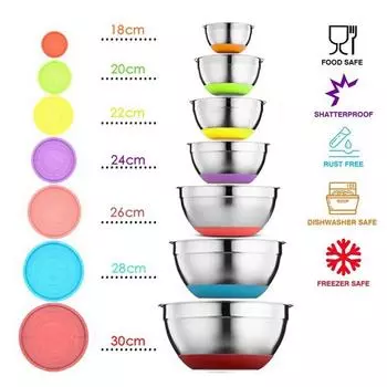 7 цветов миска для смешивания из нержавеющей стали с крышкой для домашней кухни миксер для яиц салатники нескользящее силиконовое дно набор мисок для хранения продуктов
