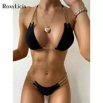 7 цветов, сексуальный бикини с лямкой на шее, женский купальник, женский купальник из двух частей, комплект бикини с металлической цепочкой, купальный костюм S чёрный