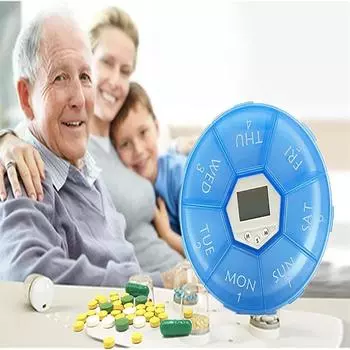 7-дневная круглая электронная таблетка на семь ячеек. Напоминание о приеме лекарств. Портативный таймер. Органайзер для таблеток. Дорожная таблетка. синий