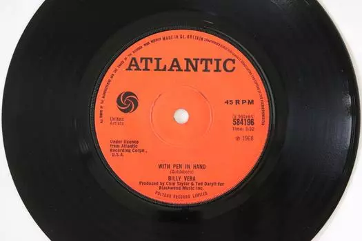 7-дюймовая пластинка БИЛЛИ ВЕРА - С ручкой в руке 584196 Atlantic 1968 Великобритания Соул/Фанк Б/У