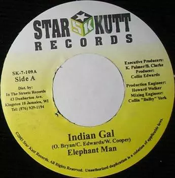 7-дюймовая пластинка ELEPHANT MAN - Indian Gal SK7109 Star Kutt Recor Ямайка Регги, Ска и Даб Б/У