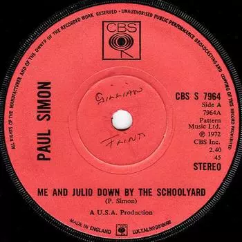 7-дюймовая пластинка PAUL SIMON - Me And Julio Down By The Schoolyard CBSS7964 CBS 1972 UK Рок Б/У