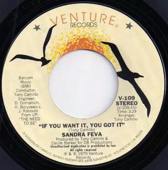 7-дюймовая пластинка SANDRA FEVA - If You Want It, You Got It V109 Venture Records 1979 US Соул/Фанк Б/У