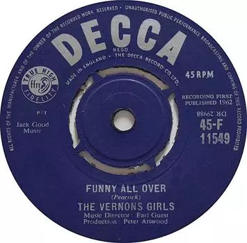 7-дюймовая пластинка VERNONS GIRLS - Funny All Over 45F11549 Decca 1962 UK Pop Б/У