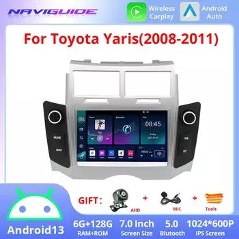 7-дюймовый автомобильный мультимедийный проигрыватель Android 13 GPS для Toyota Yaris 2008-2011 без DVD, беспроводной Carplay и Android Auto 4G WIFI BT5.0 красный