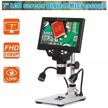 7-дюймовый цифровой USB-микроскоп с ЖК-дисплеем, увеличение 1200X, портативная камера 12MP 1080P, видеорегистратор, вид с ПК Without battery(US Plug) серебряный/чёрный