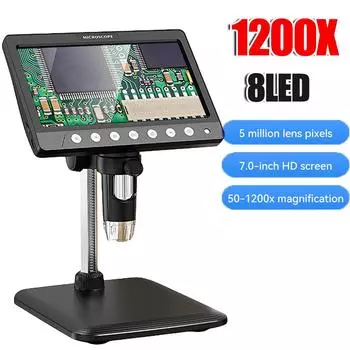 7-дюймовый IPS цифровой микроскоп 5MP 1200X HD объектив увеличение 8 светодиодов регулировка света электронный микроскоп ремонт монет лупа чёрный