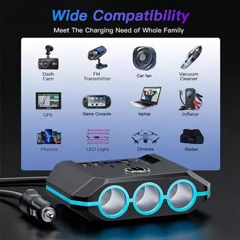 7 in 1 USB PD Socket 120W Car Cigarette Lighter Splitter 12V 24V Fast Charger Plug Phone Power Adapter with Independent Switches чёрный