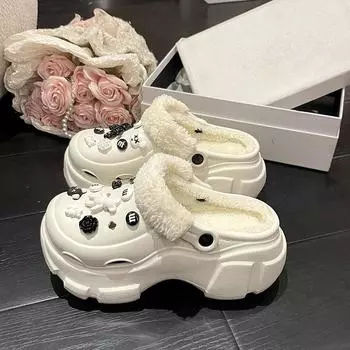 7/Обувь Dongdong на толстой плюшевой противоскользящей подошве, осенние и зимние плюшевые тапочки 36-37 чёрный