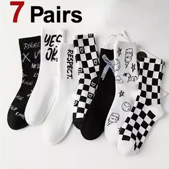 7 пар черно-белых унисекс носков средней длины с принтом, модные клетчатые носки с буквами, мягкие, удобные, дышащие, повседневные носки для пары One Size