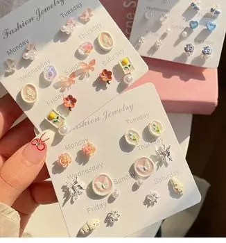 7 пар/лот, комплект серег-гвоздиков с цветком и бабочкой для женщин, весенние серьги на одну неделю, милые ювелирные изделия для девочек, аксессуары, подарки друзьям